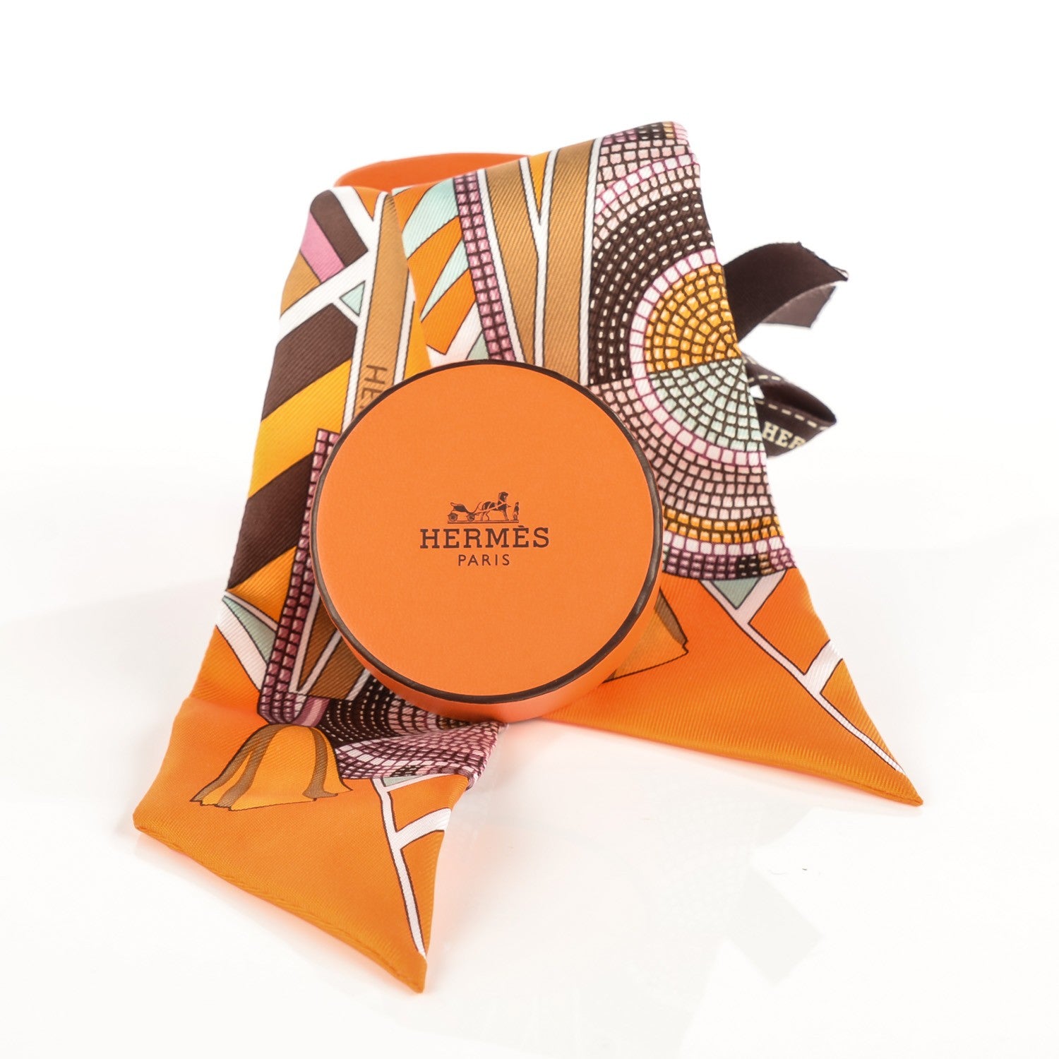 Hermes Silk L'Art Indien Des Plaines Twilly Orange Mauve Tournesol 3 of 7