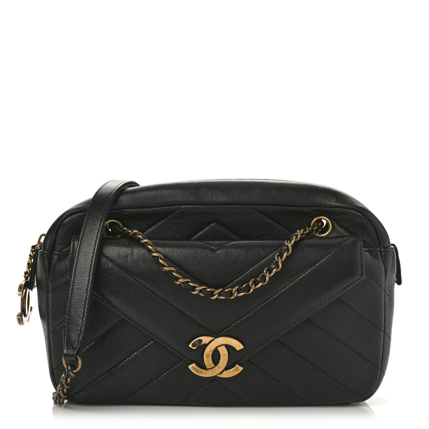 Chanel Lambskin Chevron Quilted Coco Envelope Flap Camera Case Black 1 of 10
