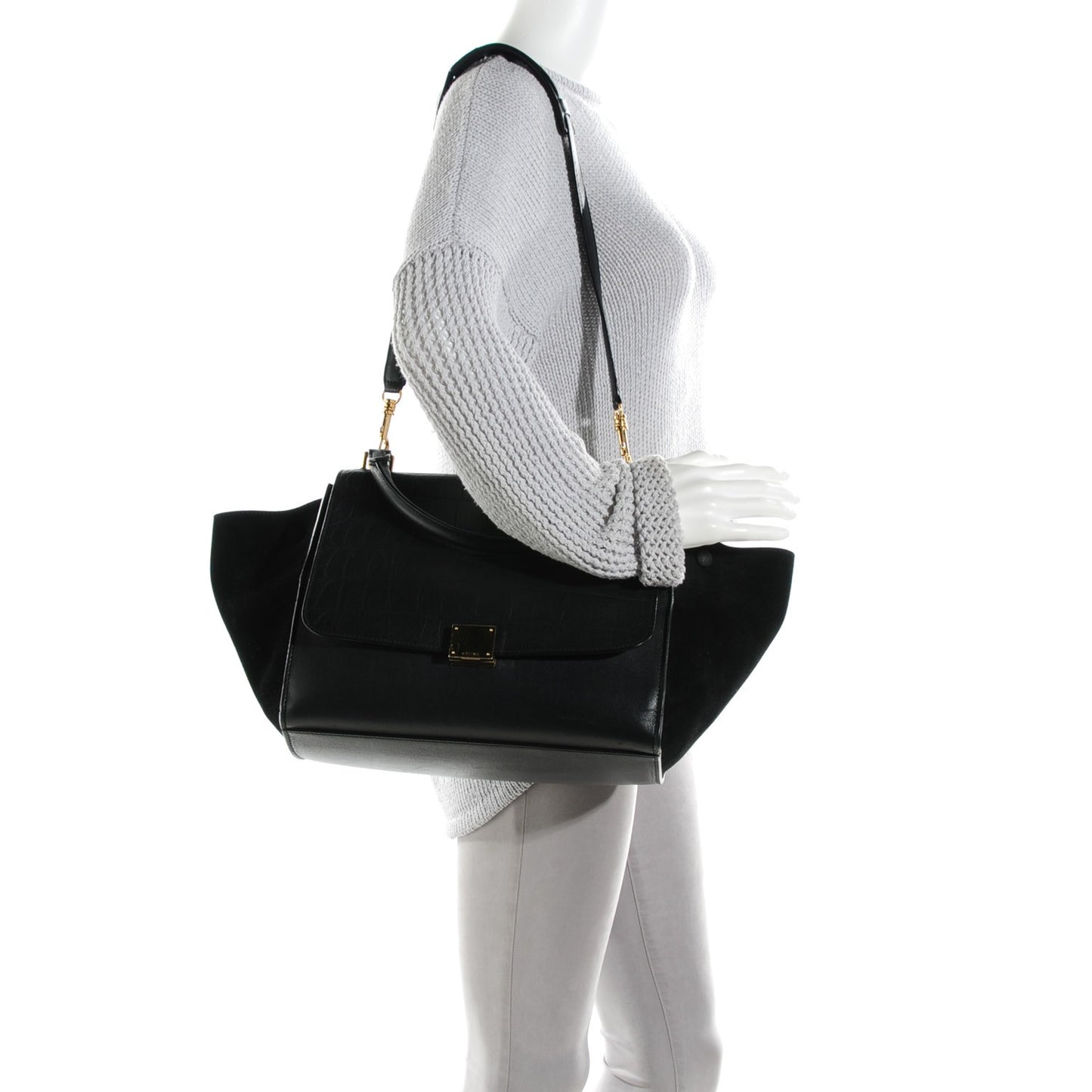 Crocodile Embossed Calfskin Suede Medium Trapeze Black