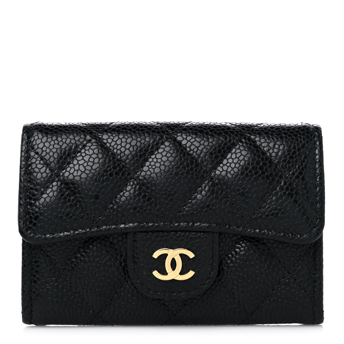 Caviar Quilted Flap Card Holder Wallet Black