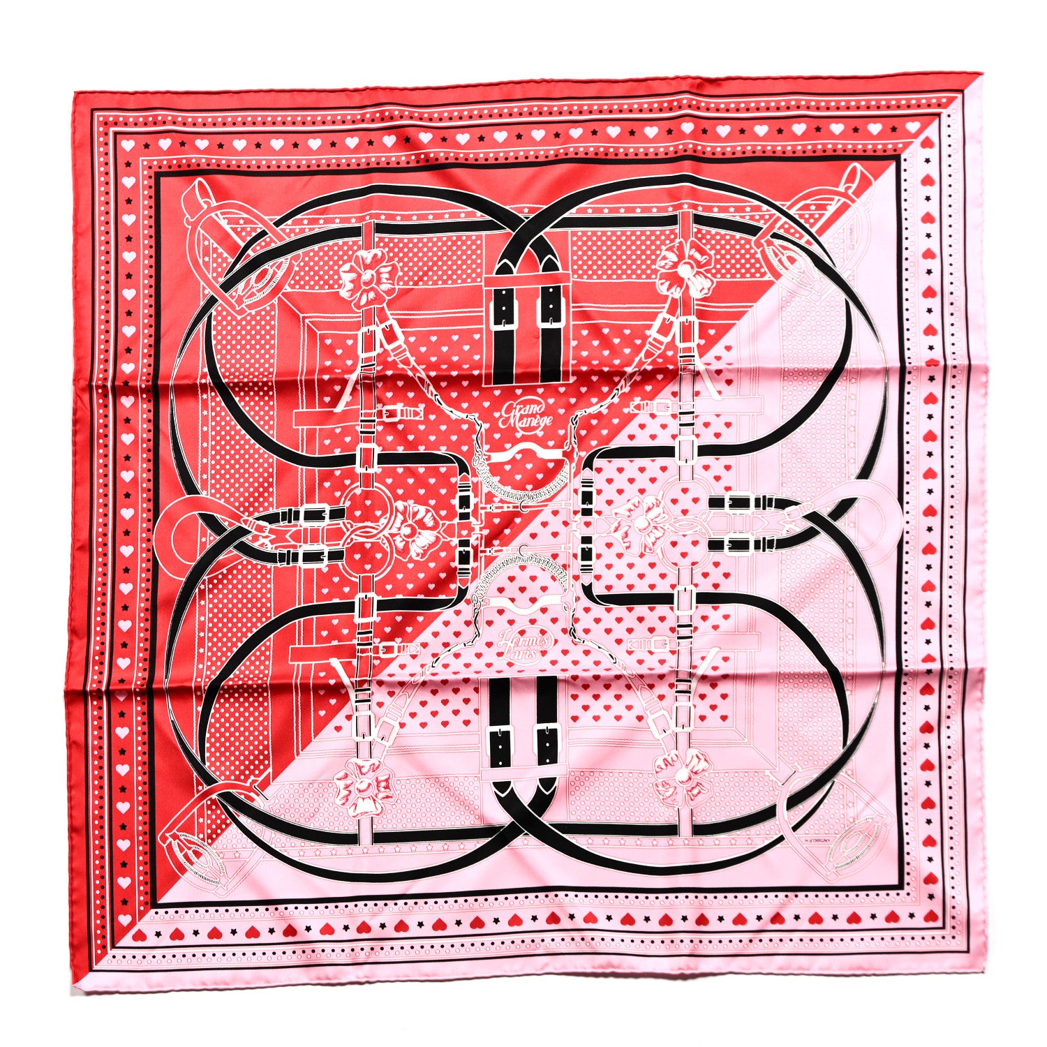 Hermes Silk Grand Manege Cut Bandana Love Scarf 70 Rouge Rose Black 1 of 6
