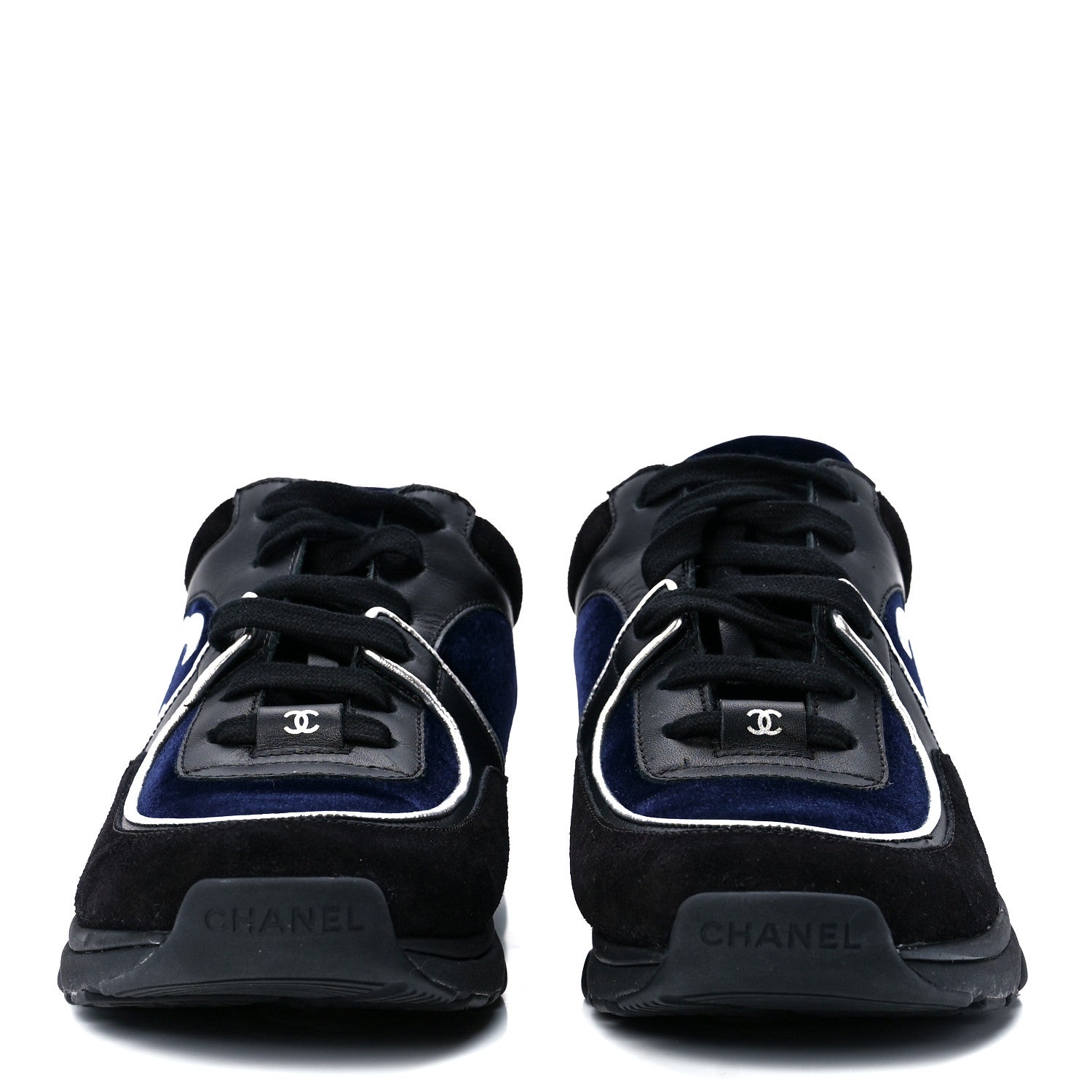 Chanel Suede Velvet Lambskin CC Sneakers 37.5 Black Blue Silver 2 of 9
