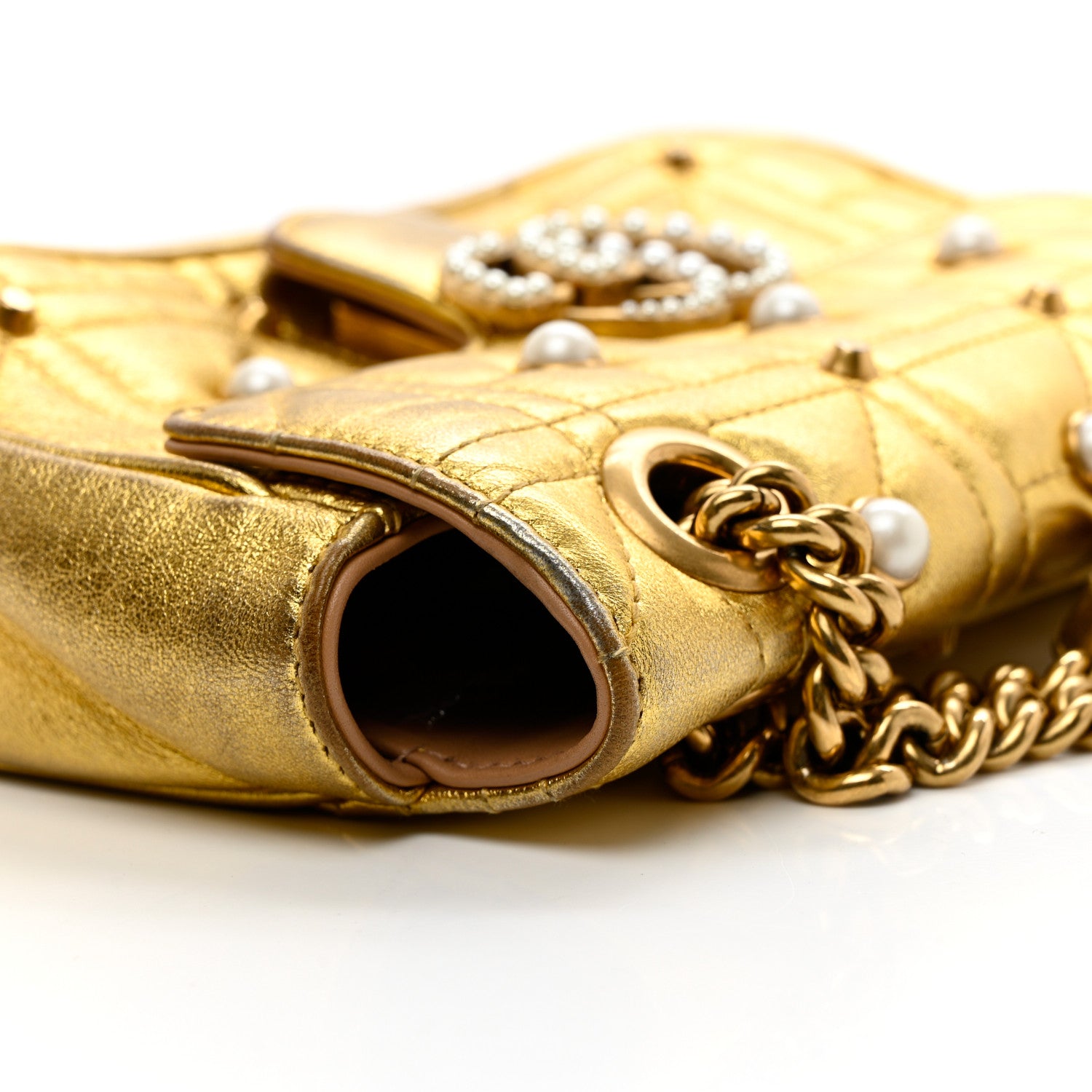 Gucci Metallic Calfskin Matelasse Studded Mini Pearly GG Marmont Shoulder Bag Gold 10 of 12