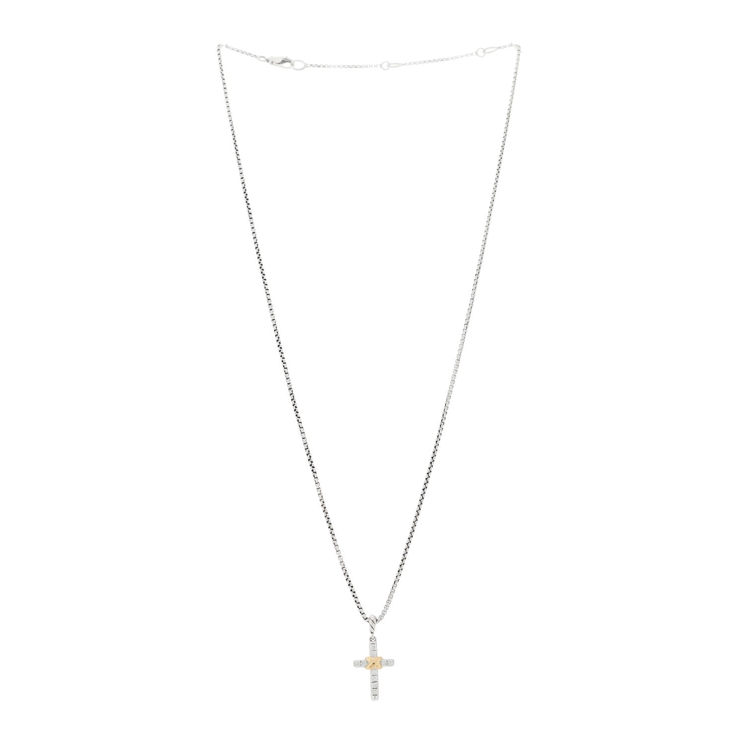 David Yurman Sterling Silver 18K Yellow Gold Diamond Petite Cross Pendant Necklace 3 of 5