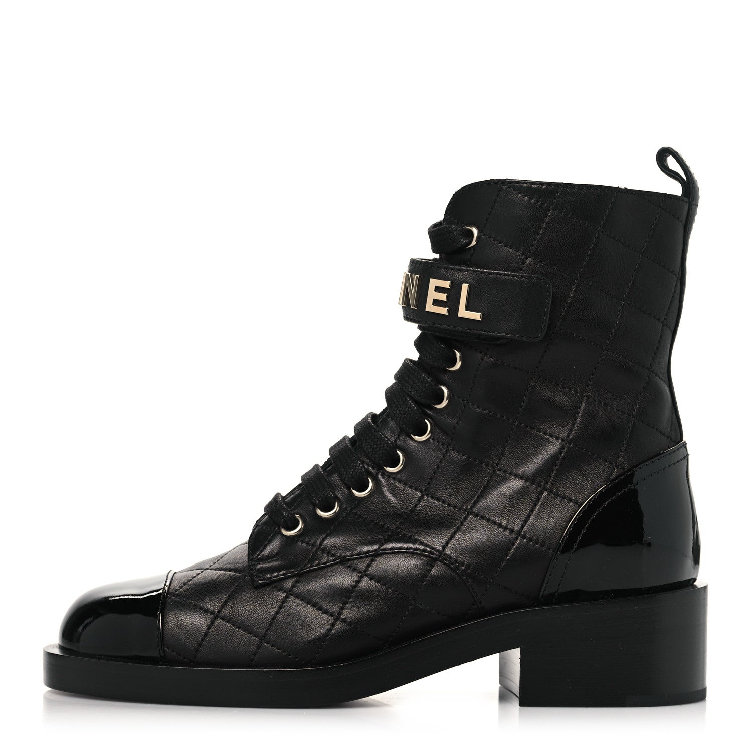 Chanel Lambskin Patent Calfskin Quilted Logo Lace Up Combat Boots 36 Black 1 of 9