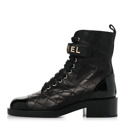 Chanel Lambskin Patent Calfskin Quilted Logo Lace Up Combat Boots 36 Black 1 of 9
