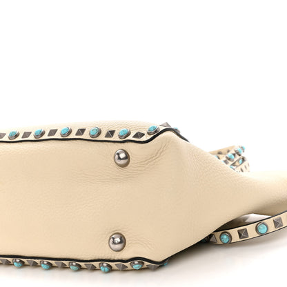 Valentino Garavani Grained Calfskin Turquoise Small Rockstud Rolling Tote Light Ivory 9 of 9