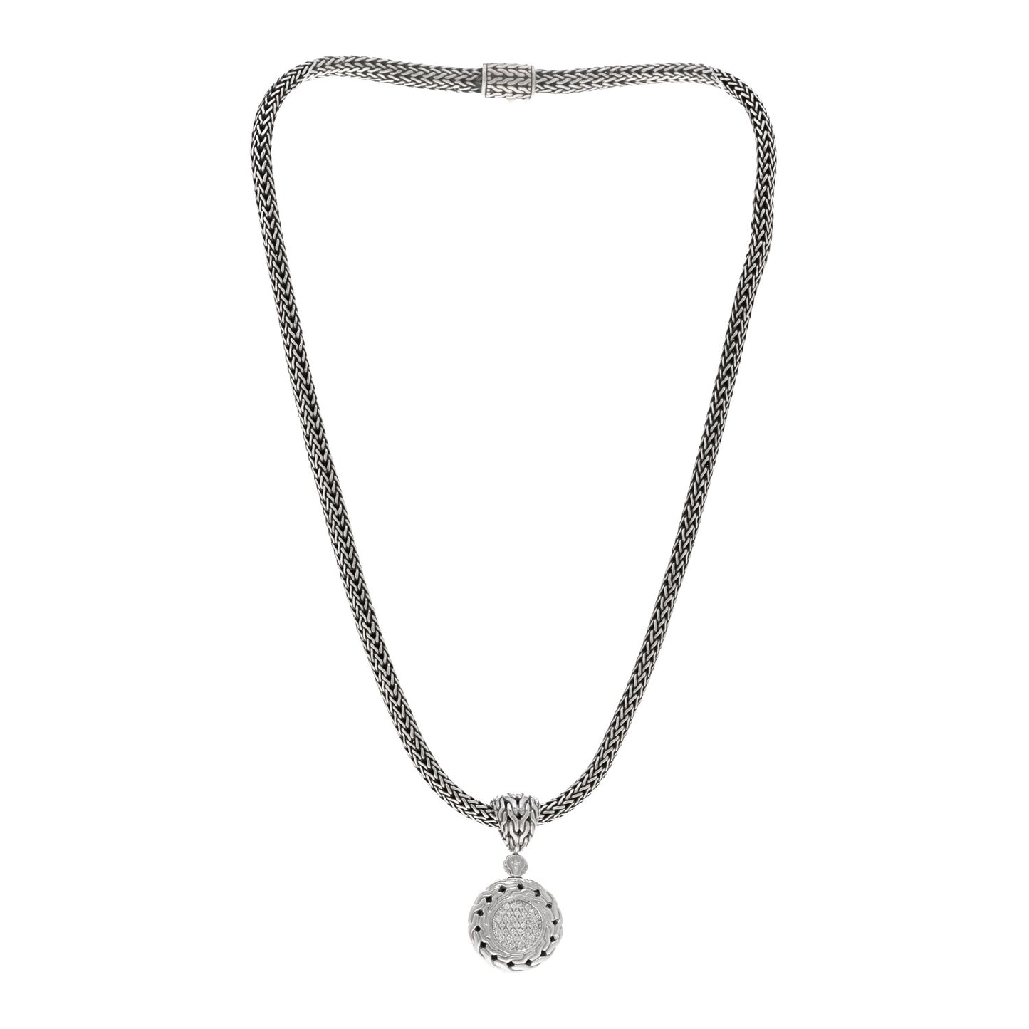 Sterling Silver Diamond Classic Chain Round Pendant Necklace