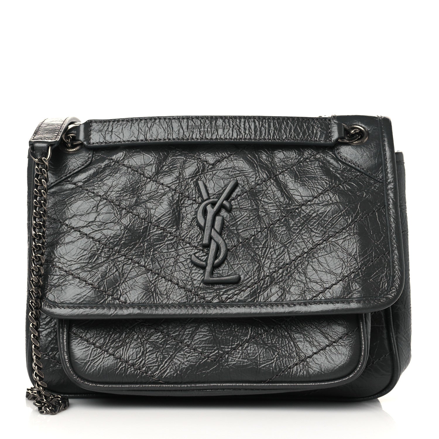 Saint Laurent Crinkled Calfskin Matelasse Monogram Baby Niki Chain Satchel Storm 1 of 8