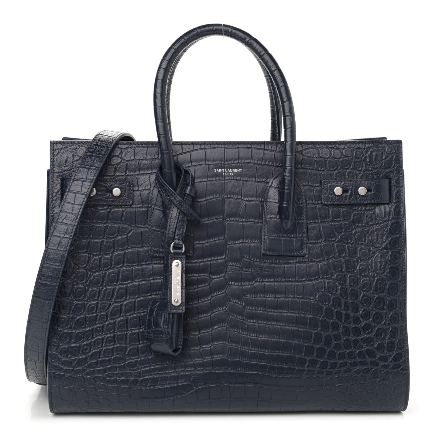 Calfskin Crocodile Embossed Small Supple Sac de Jour Navy