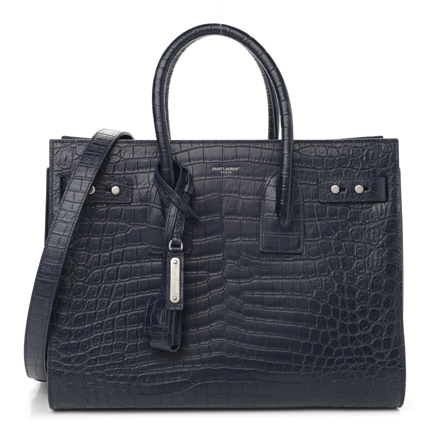 Saint Laurent Calfskin Crocodile Embossed Small Supple Sac de Jour Navy 1 of 11