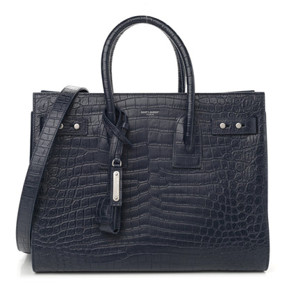 Saint Laurent Calfskin Crocodile Embossed Small Supple Sac de Jour Navy 1 of 11
