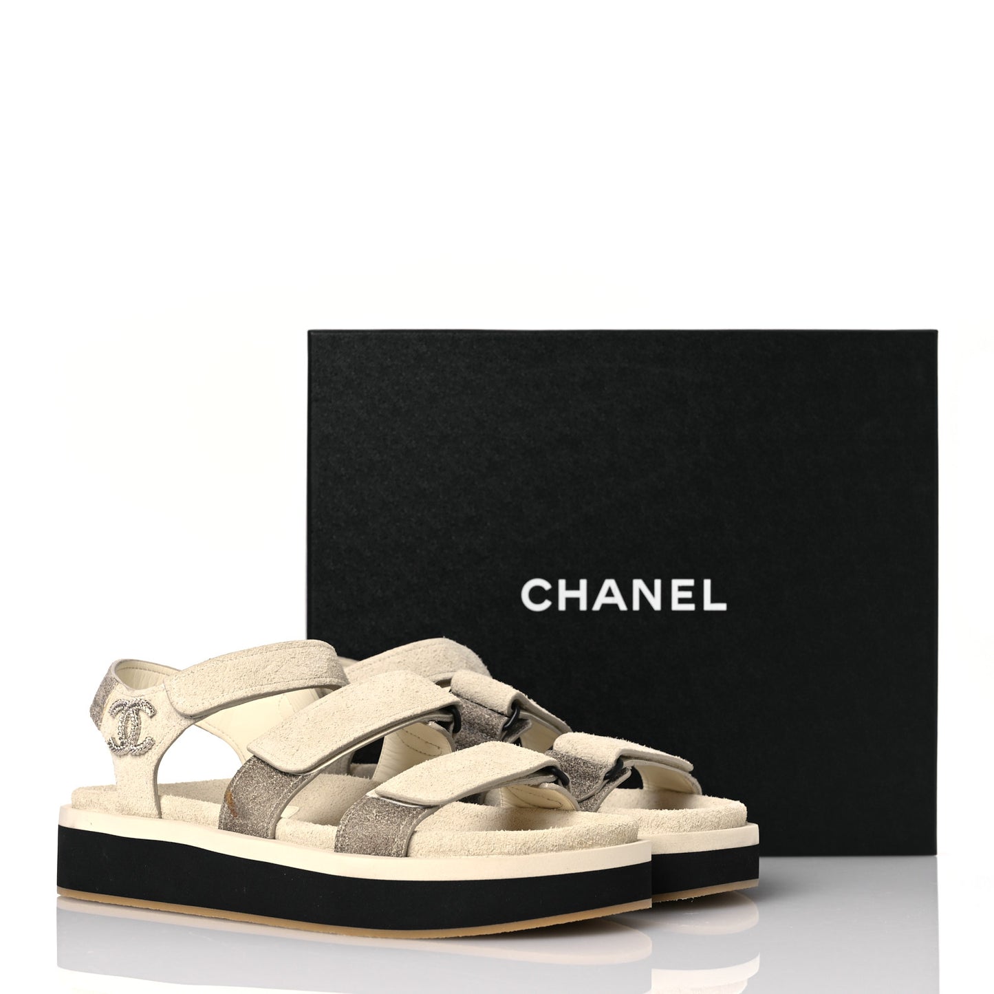 Suede Calfskin Velcro Flat Sandals 39 Ecru Dark Beige