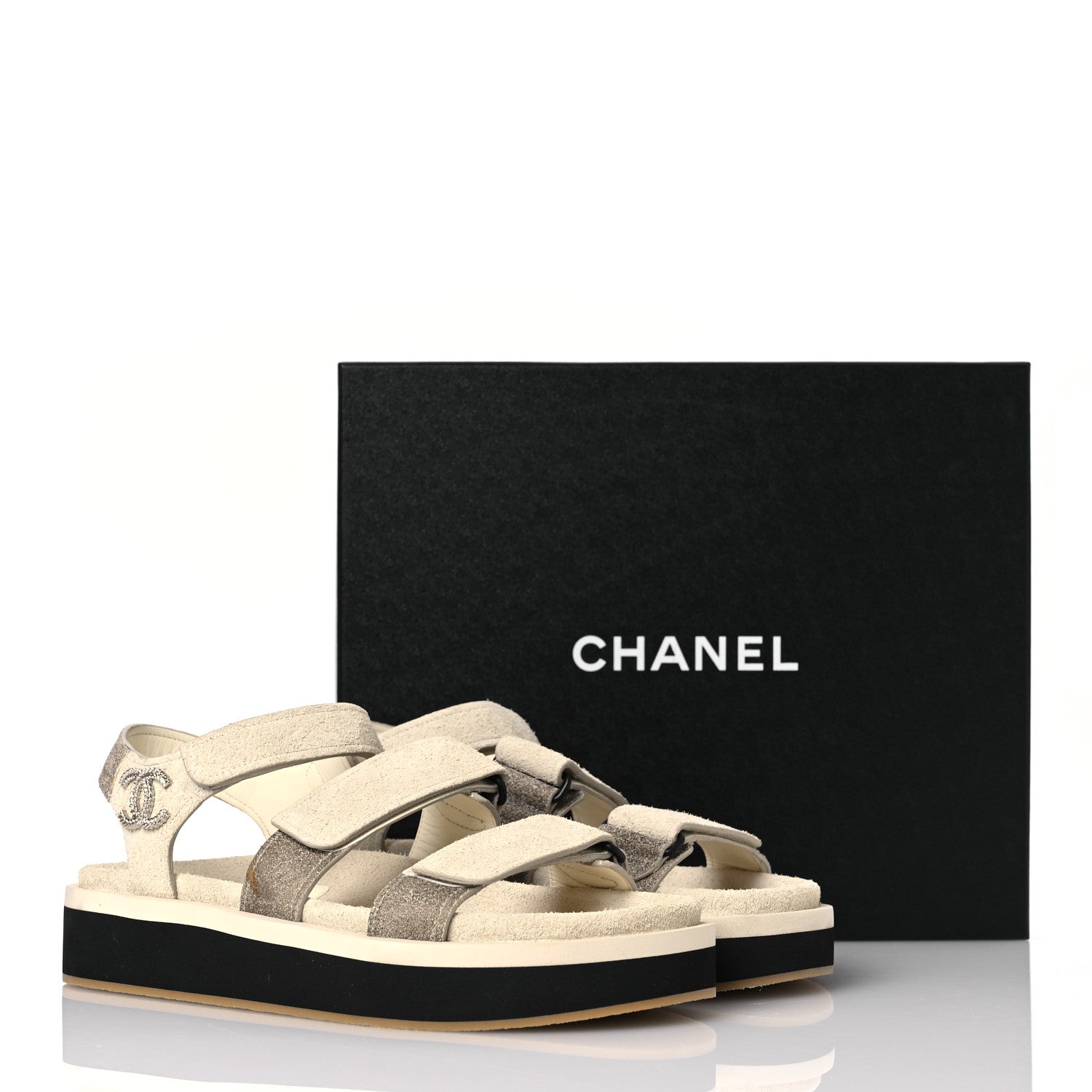 Chanel Suede Calfskin Velcro Flat Sandals 39 Ecru Dark Beige 10 of 10