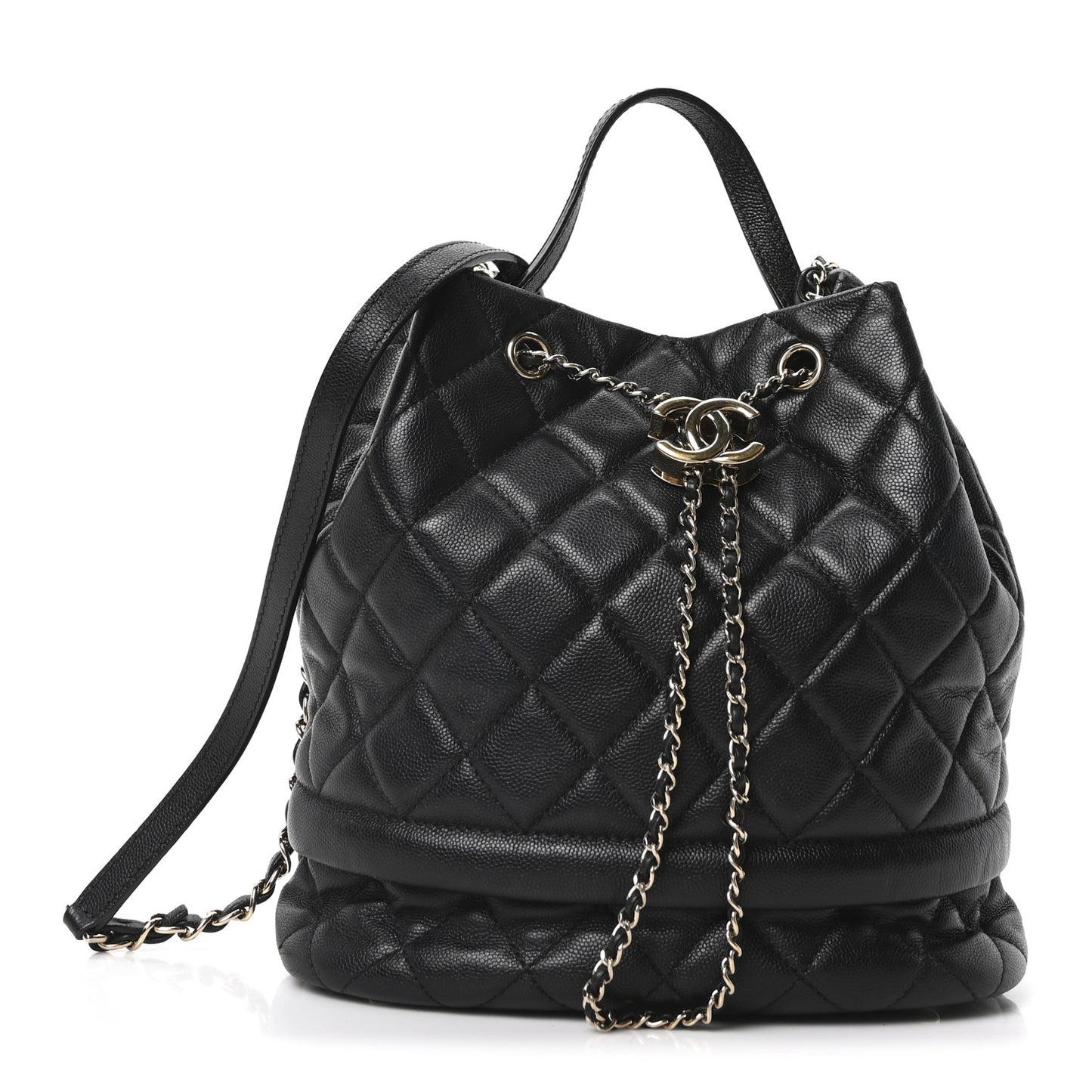 Caviar Quilted Large Rolled Up Bucket Drawstring Bag Black