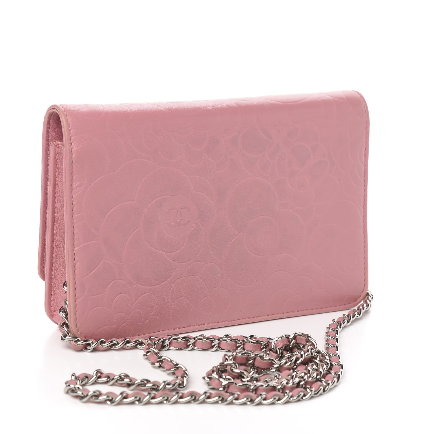 Chanel Lambskin Camellia Embossed Wallet On Chain WOC Pink 3 of 12