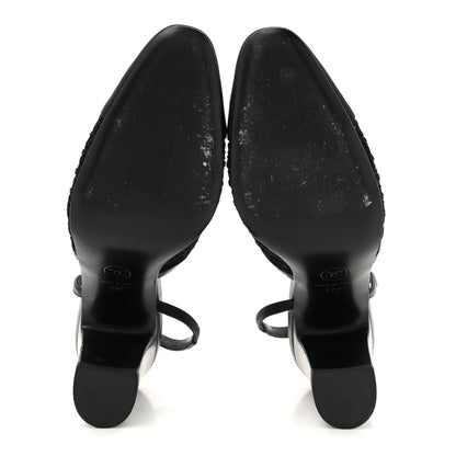 Chanel Fabric Embroidery Grosgrain Cap Toe CC Slingback Pumps 37 Black 6 of 8