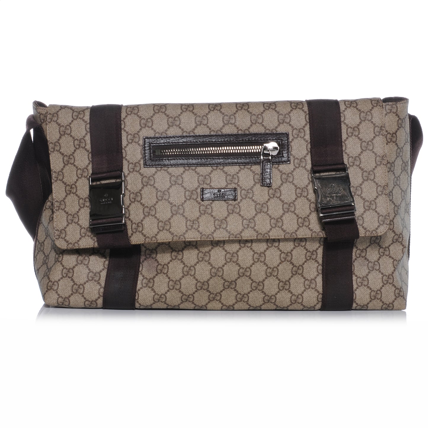 GG Plus Monogram Double Buckle Flap Messenger Bag Beige Ebony