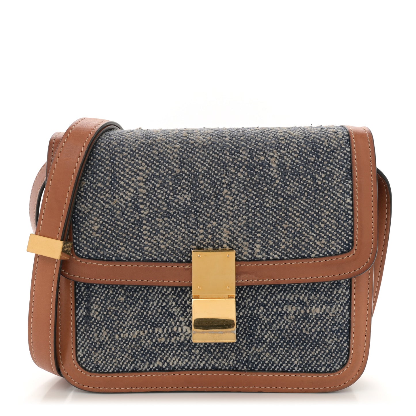 Textile Natural Calfskin Teen Classic Box Flap Bag Navy Tan