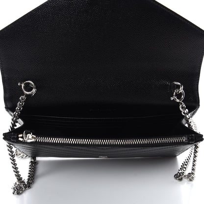 Saint Laurent Grain De Poudre Matelasse Chevron Monogram Envelope Chain Wallet Pearl White Black 5 of 8