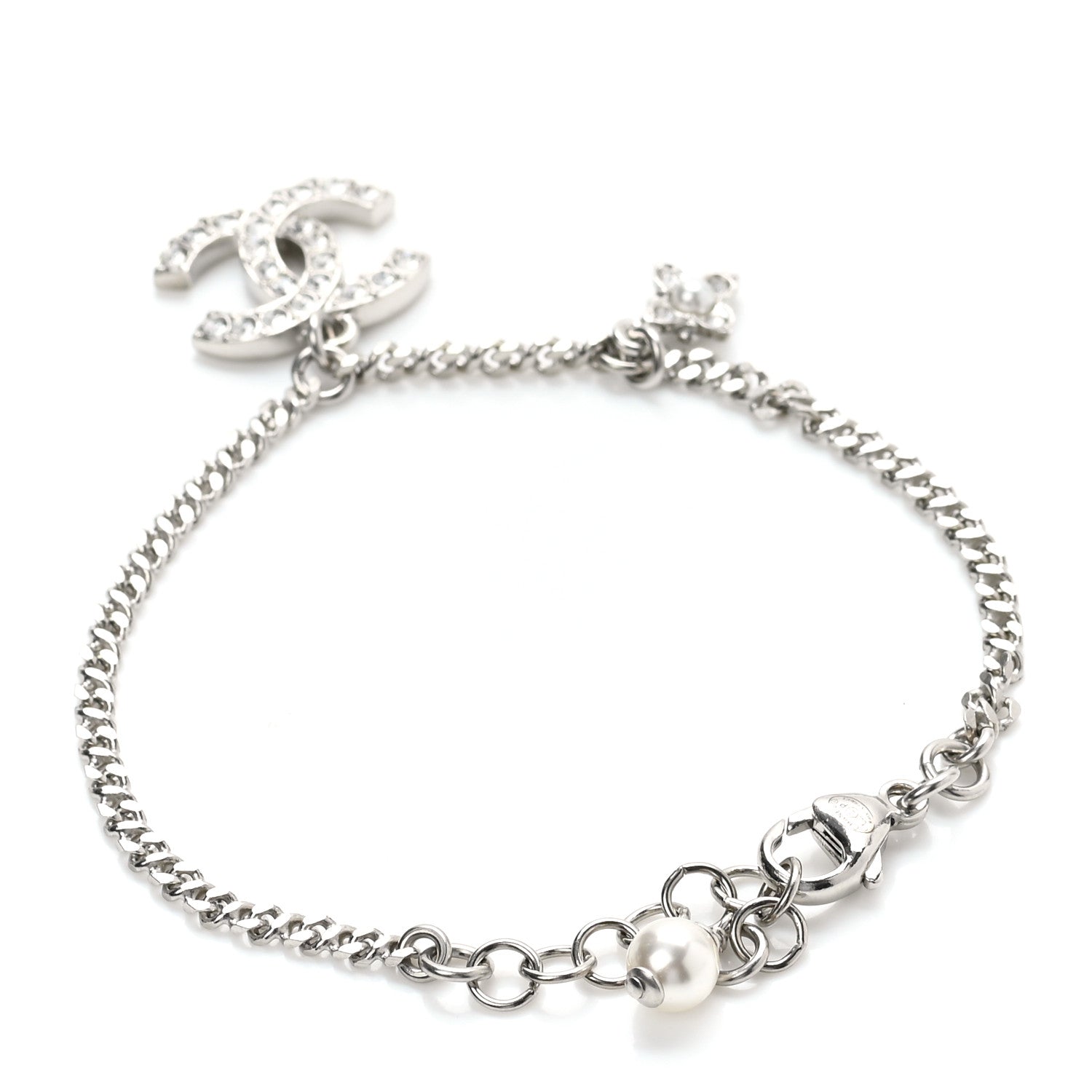 Chanel Crystal Pearl Flower CC Bracelet Silver 1127668 – FASHIONPHILE