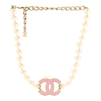 Chanel Pearl Enamel CC Choker Necklace Gold White Pink 3 of 6