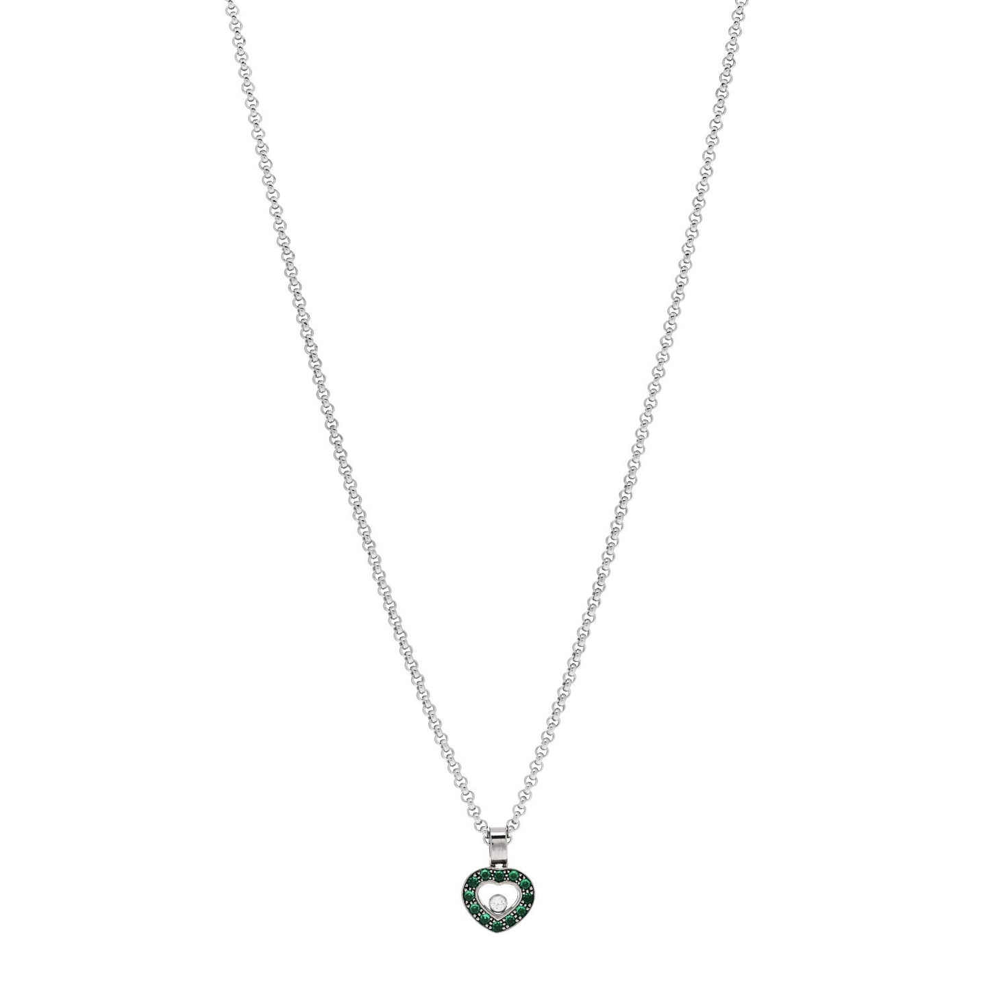 18K White Gold Diamond Emerald Happy Heart Pendant Necklace Green