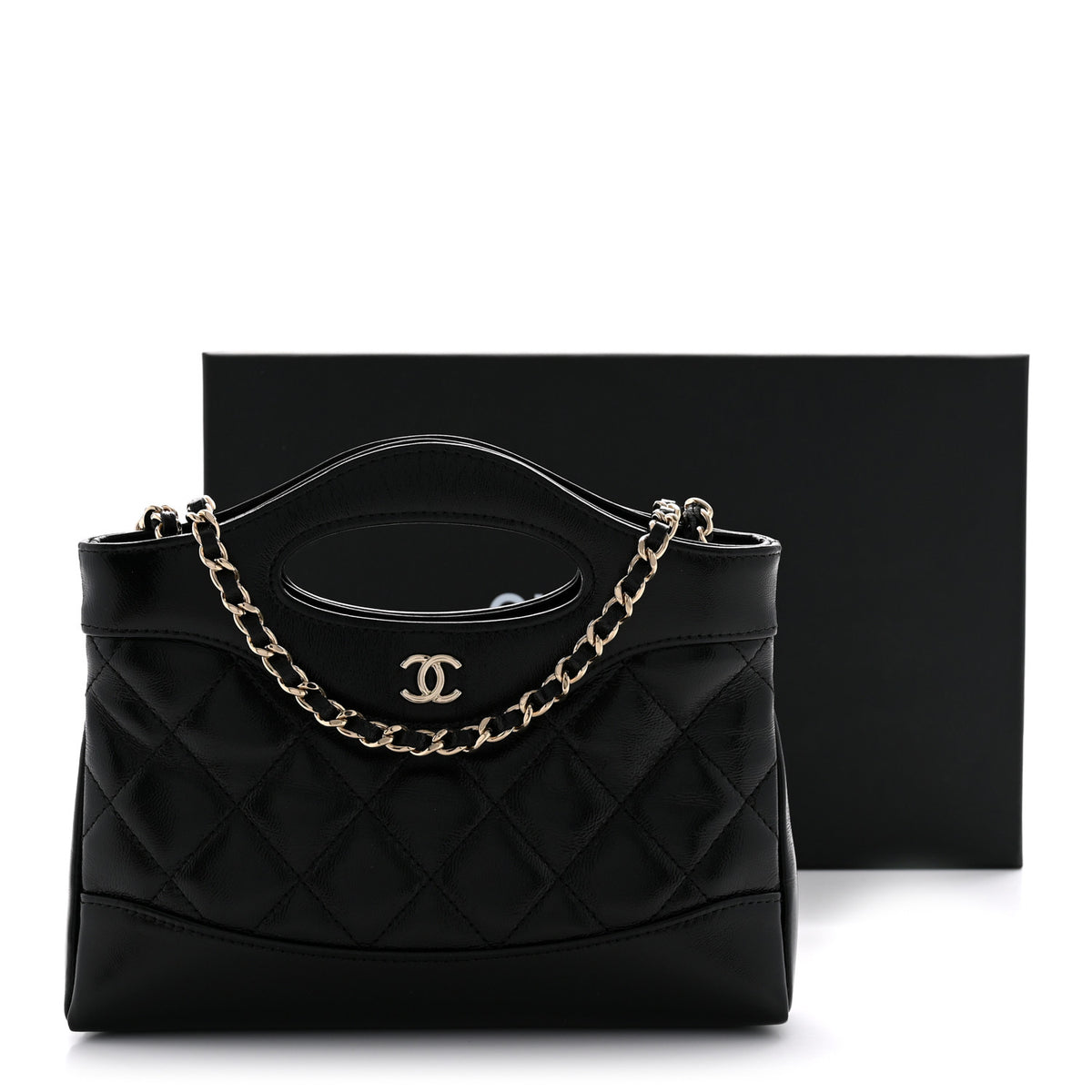 Shiny Crumpled Calfskin Quilted Nano 31 Shopping Bag Black