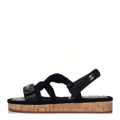 Chanel Cord Lambskin Quilted Logo Sandals 39 Black 1 of 9
