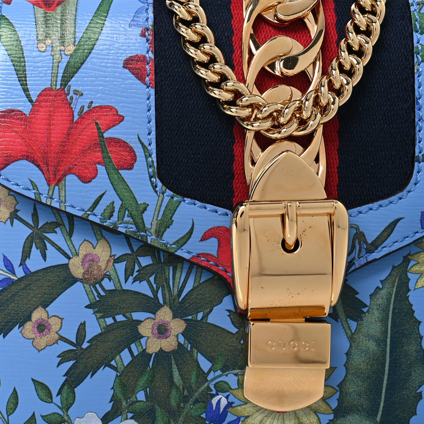 Shangai Calfskin Web New Flora Mini Sylvie Chain Shoulder Bag Azure