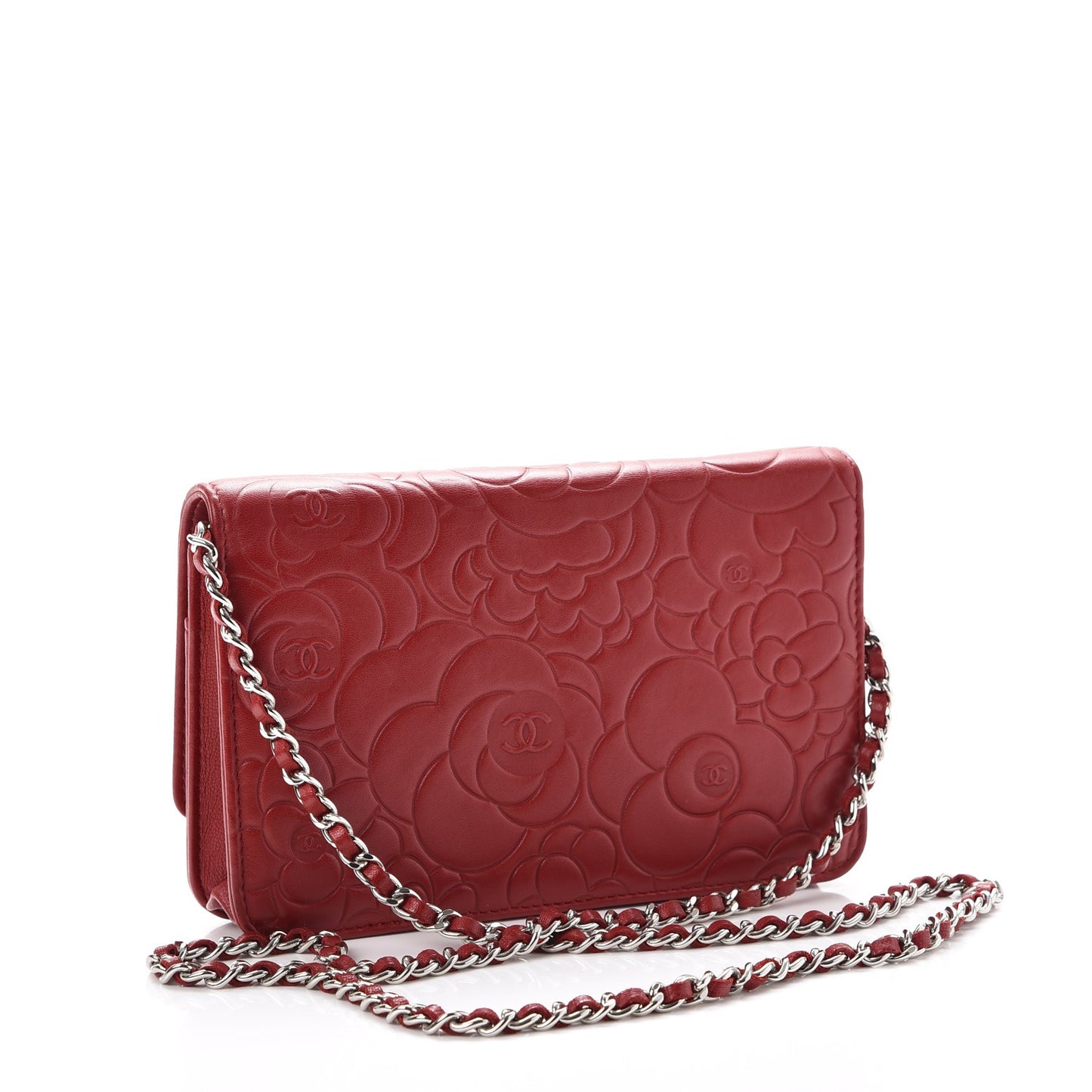 Lambskin Camellia Embossed Wallet On Chain WOC Dark Red
