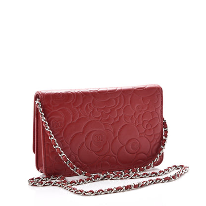 Chanel Lambskin Camellia Embossed Wallet On Chain WOC Dark Red 3 of 10