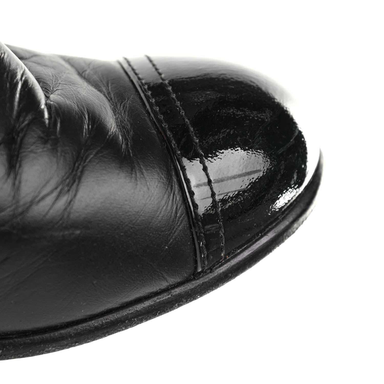 Chanel Calfskin Patent Pearl Cap Toe Boots 37 Black 9 of 10