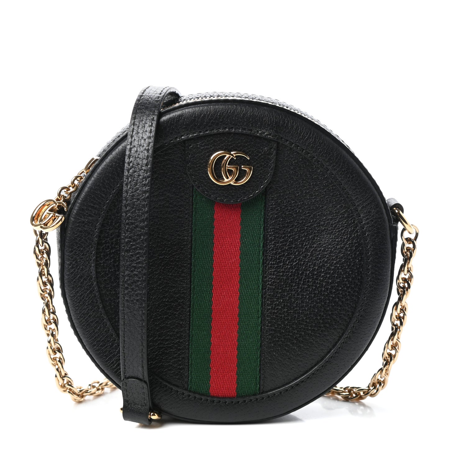 Grained Calfskin Web Mini Ophidia Round Shoulder Bag Black