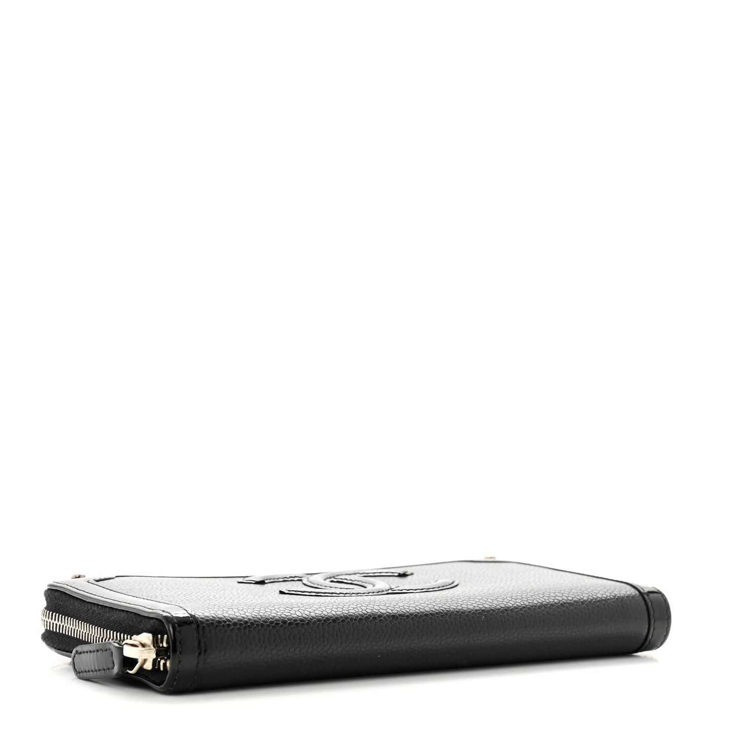 Caviar Patent Small CC Contour Zip Around Wallet Black