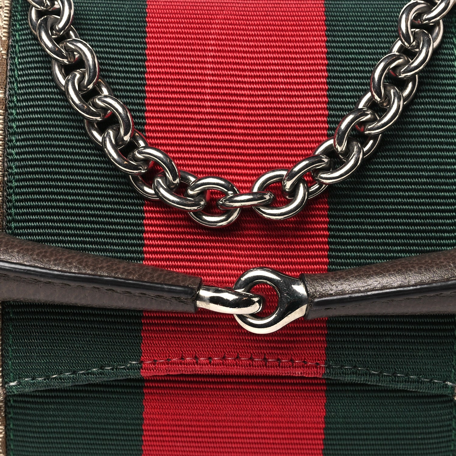 Gucci Monogram Textured Dollar Calfskin Heavy Grosgrain Web Small Maxi Horsebit Chain Shoulder Bag Beige Ebony New Acero 8 of 10