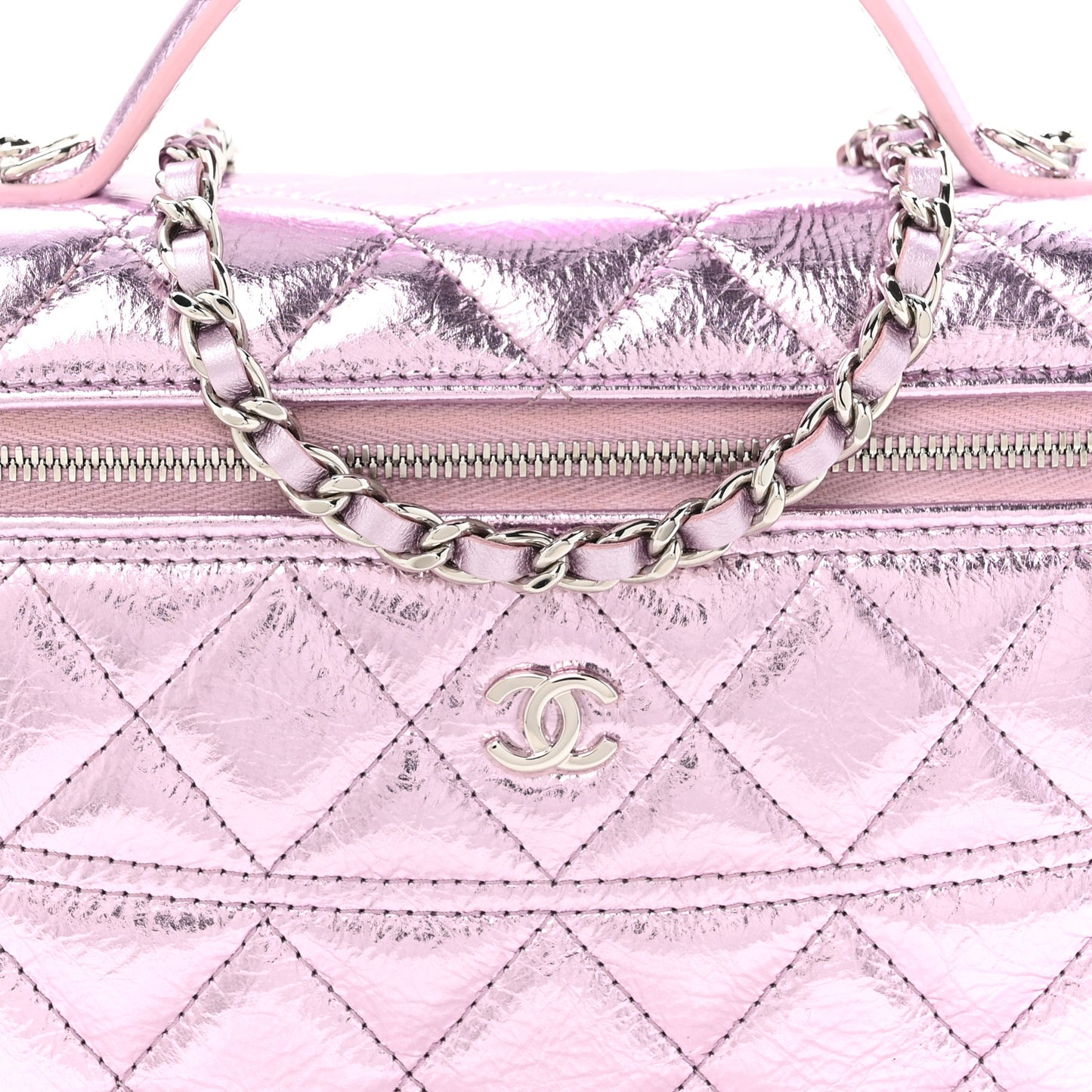 Metallic Calfskin Quilted Slim Vanity With Chain Pink