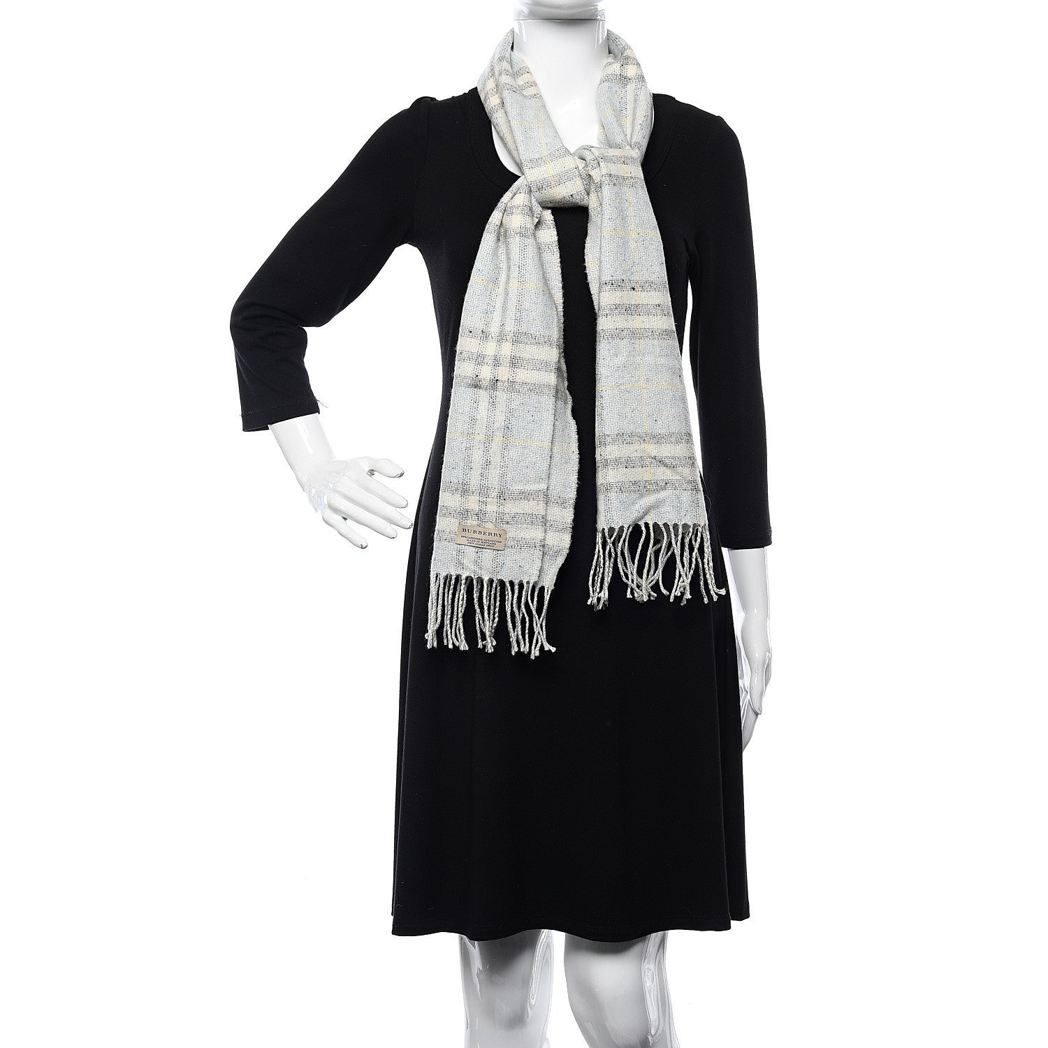 Burberry Cashmere Cotton Vintage Check Fringe Scarf Grey 2 of 4