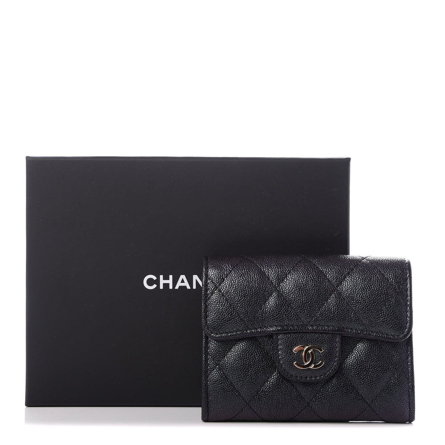 Iridescent Caviar Quilted Flap Card Holder Wallet Black