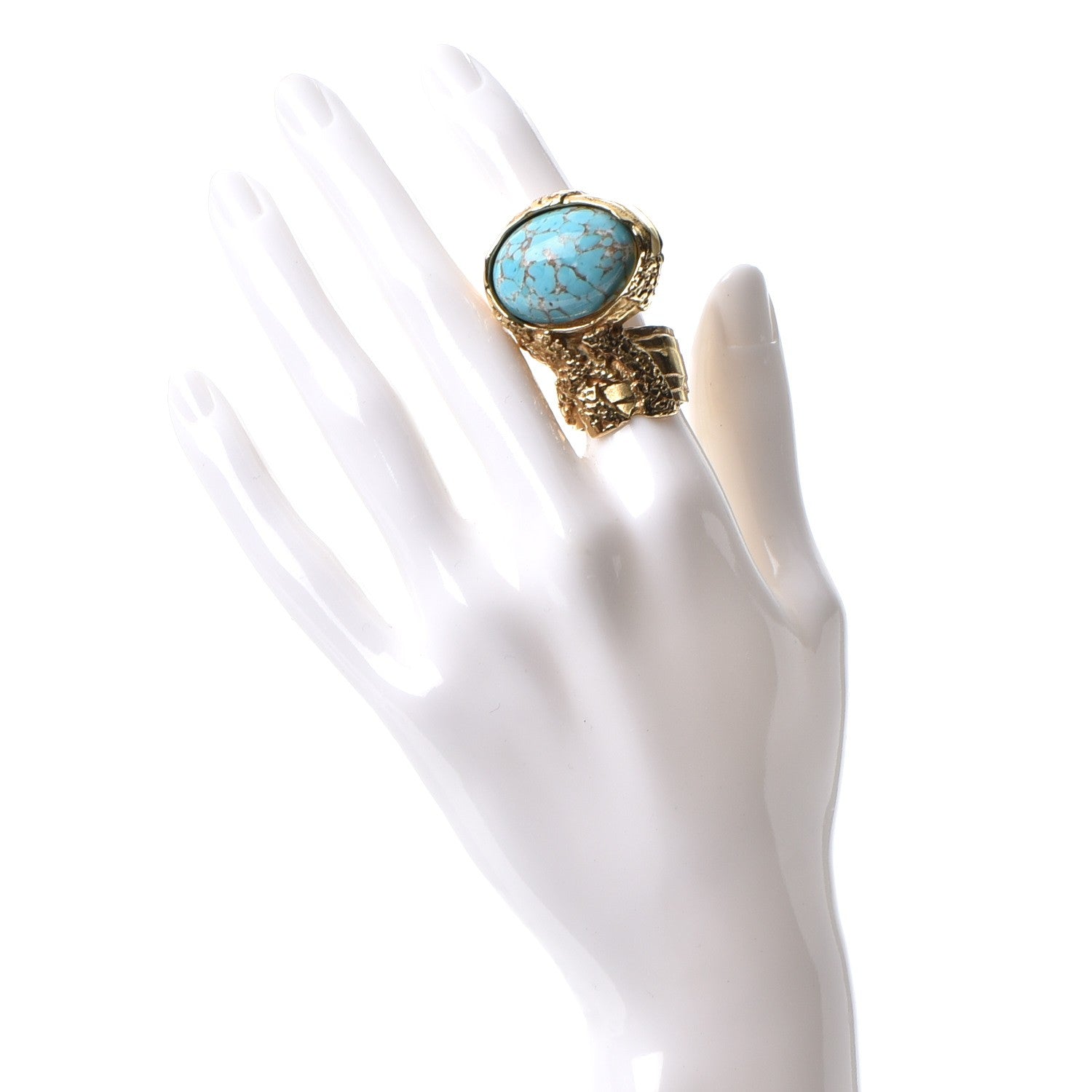 Saint Laurent Glass Cabochon Arty Ovale Ring 6 Gold Turquoise 2 of 4