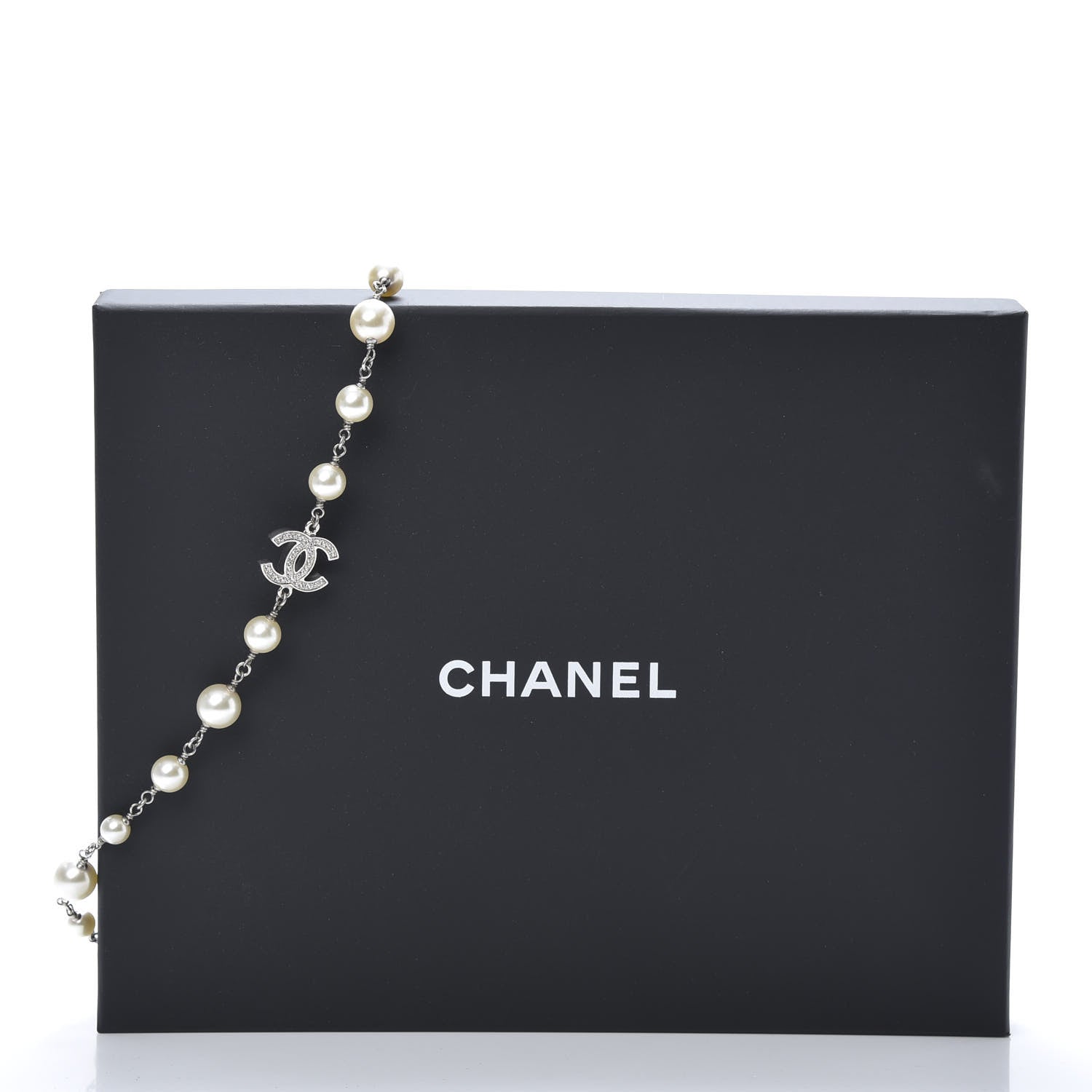 Chanel Graduated Pearl Crystal CC Long Necklace Silver 5 of 5