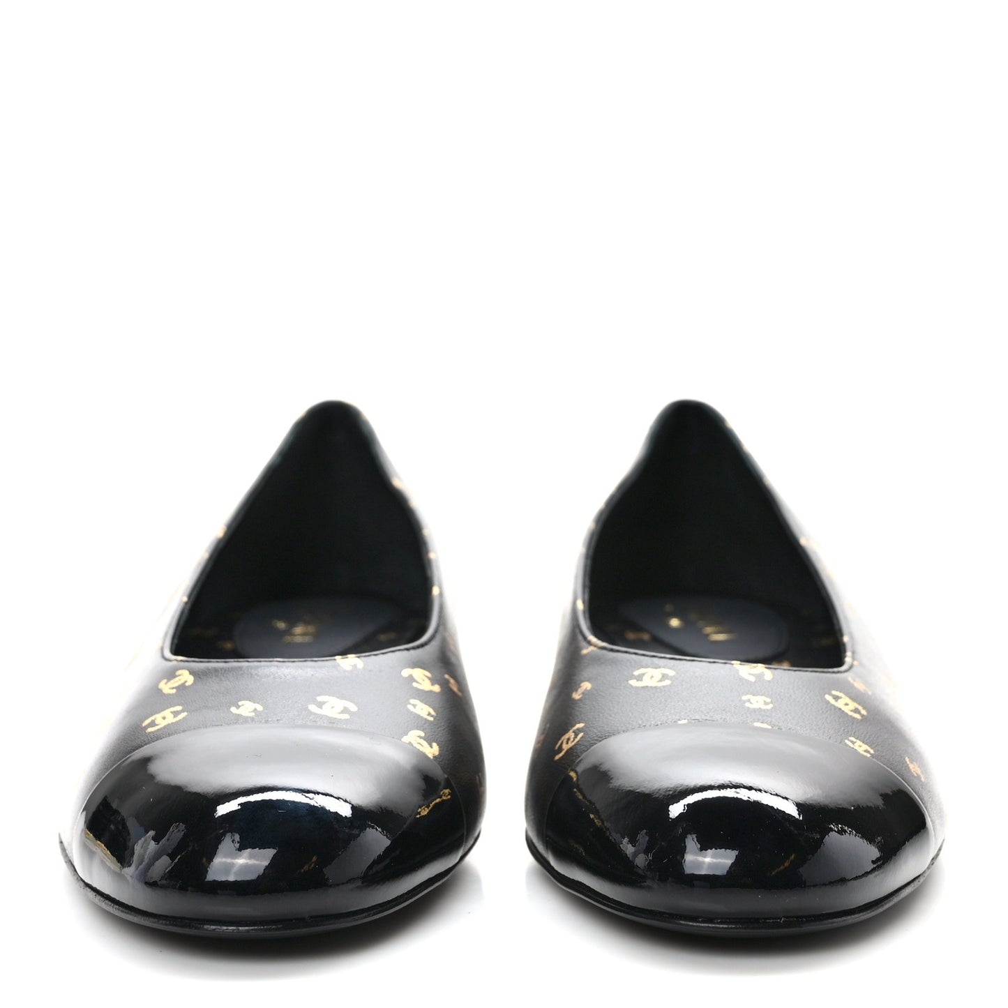 Lambskin Patent Calfskin Printed CC Cap Toe Ballerina Flats 37 Black Gold