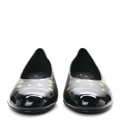 Chanel Lambskin Patent Calfskin Printed CC Cap Toe Ballerina Flats 37 Black Gold 2 of 8
