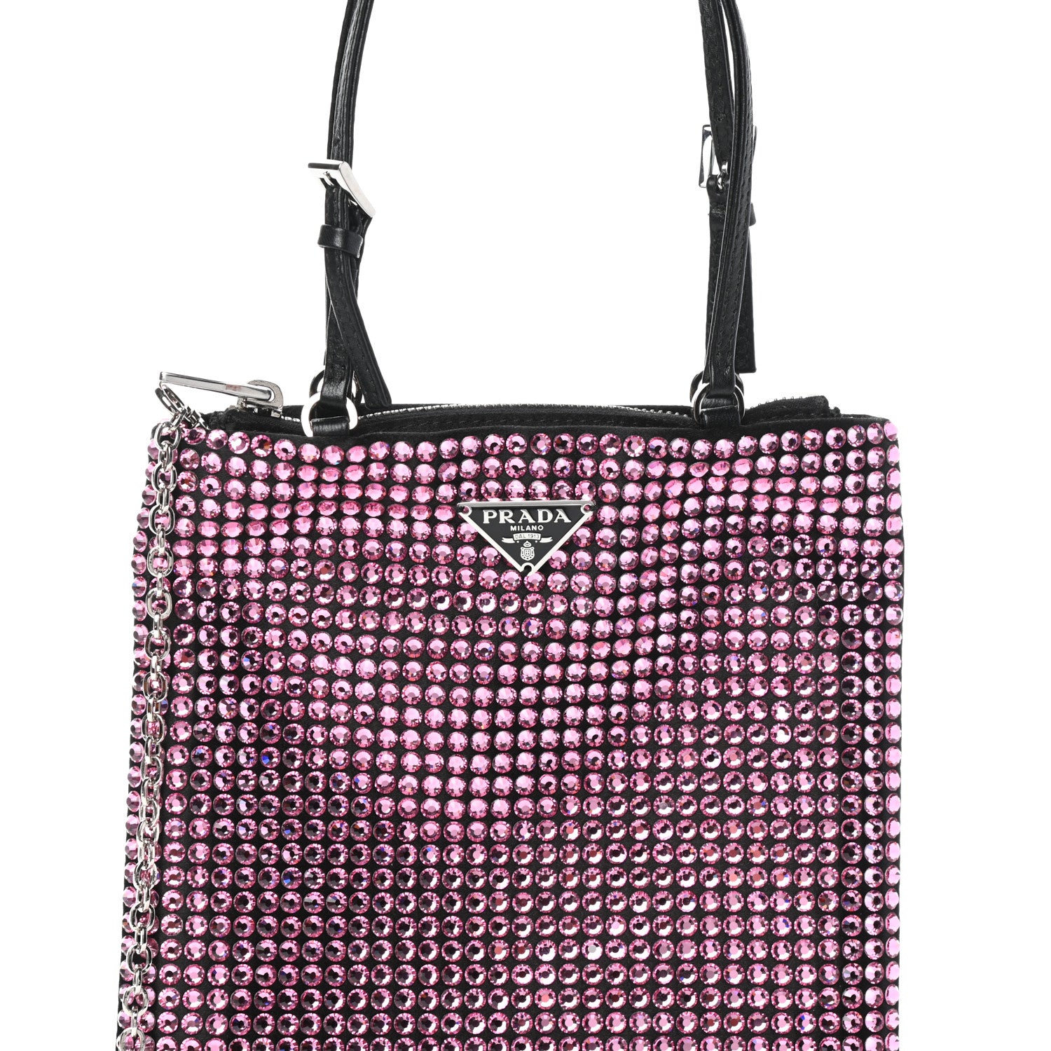 Prada Satin Crystal Metal Triangle Logo Chain Crossbody Handbag Rosa 7 of 9