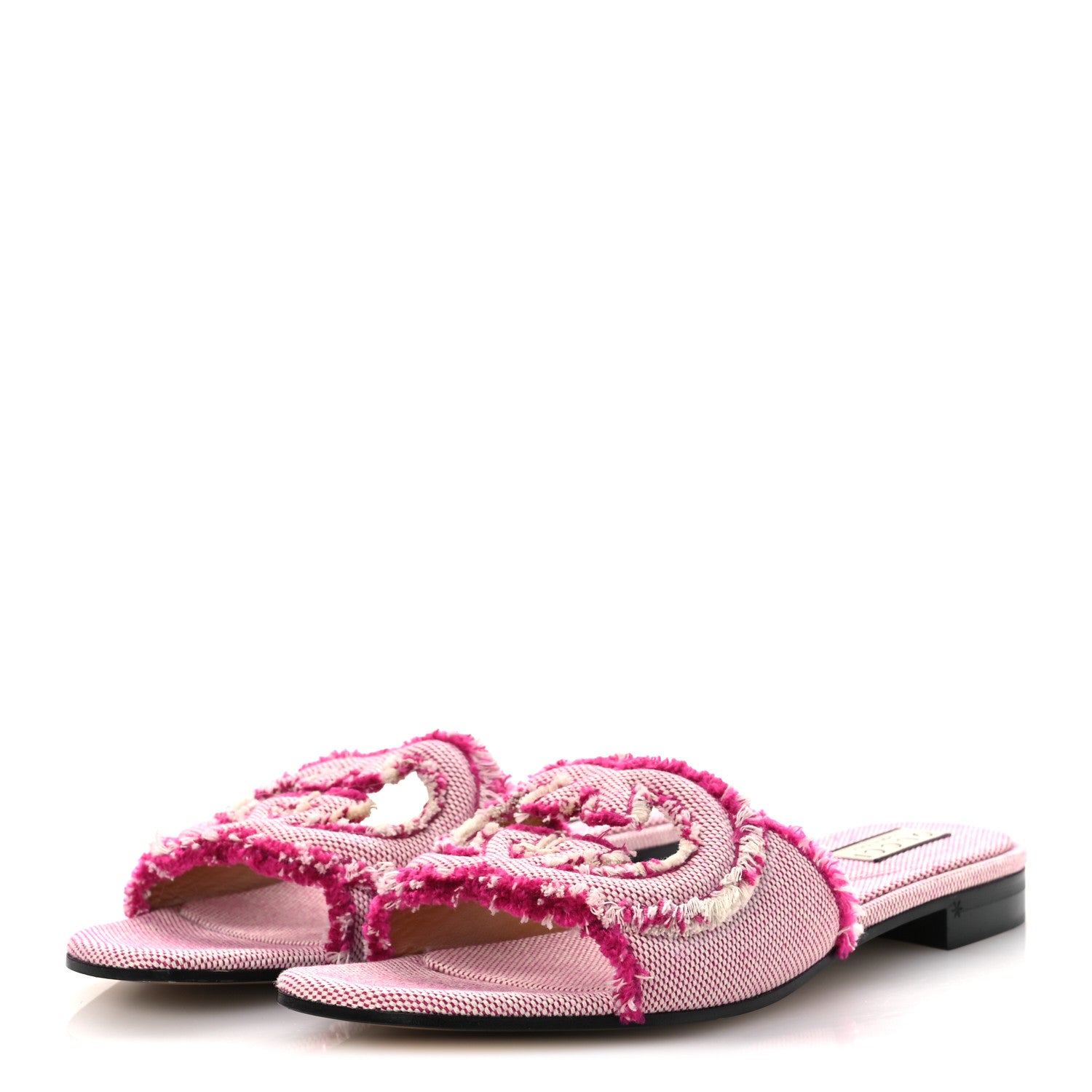 Gucci Fringed Canvas Interlocking G Cut Out Slide Sandals 41 Princess Fuxia Natural 4 of 10