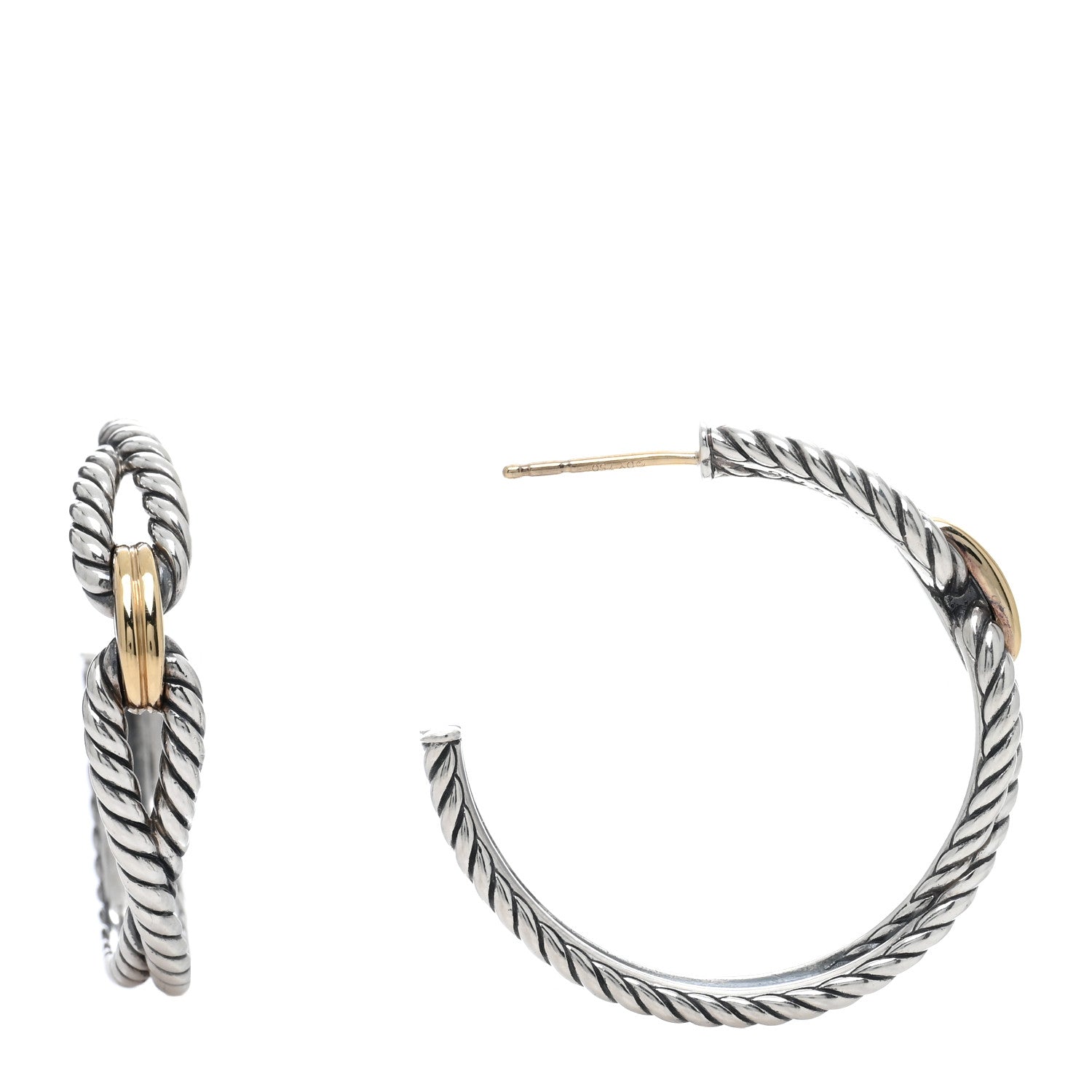 David Yurman Sterling Silver 18K Yellow Gold Cable Loop Hoop Earrings 1 of 4