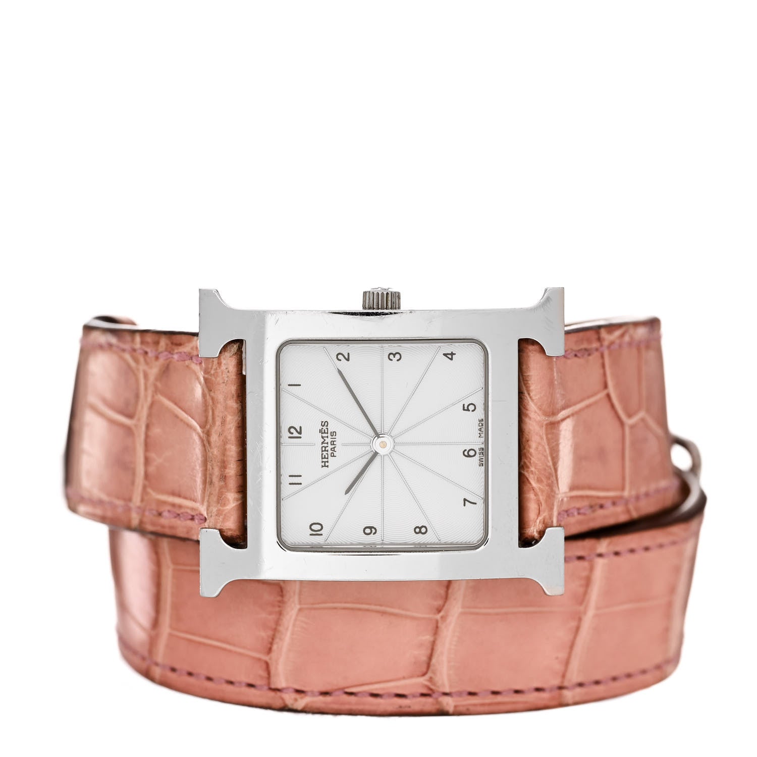 Hermes Stainless Steel Alligator 26mm Heure H Hour Double Tour Quartz Watch Pink 2 of 4
