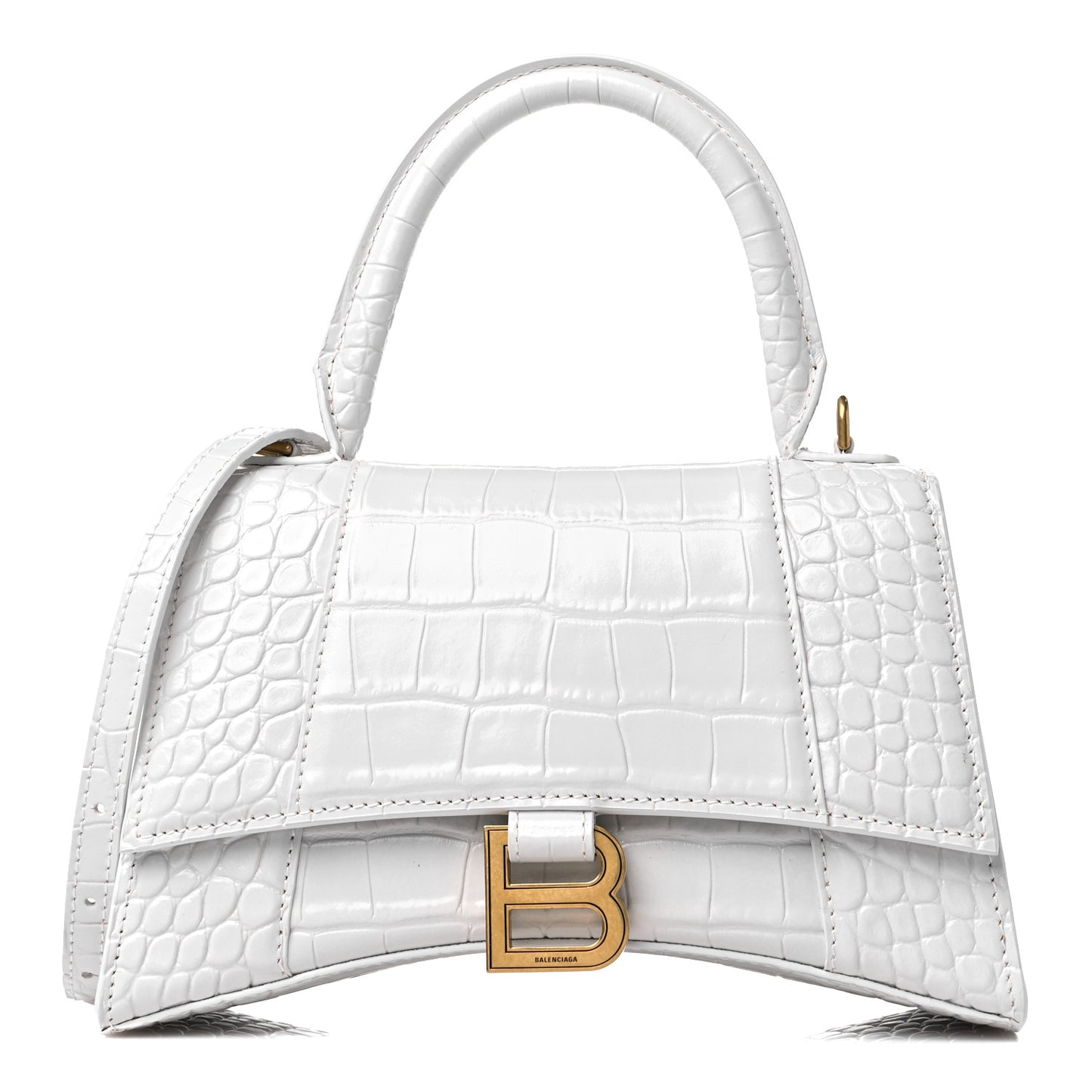 Shiny Calfskin Crocodile Embossed Small Hourglass Top Handle Bag White