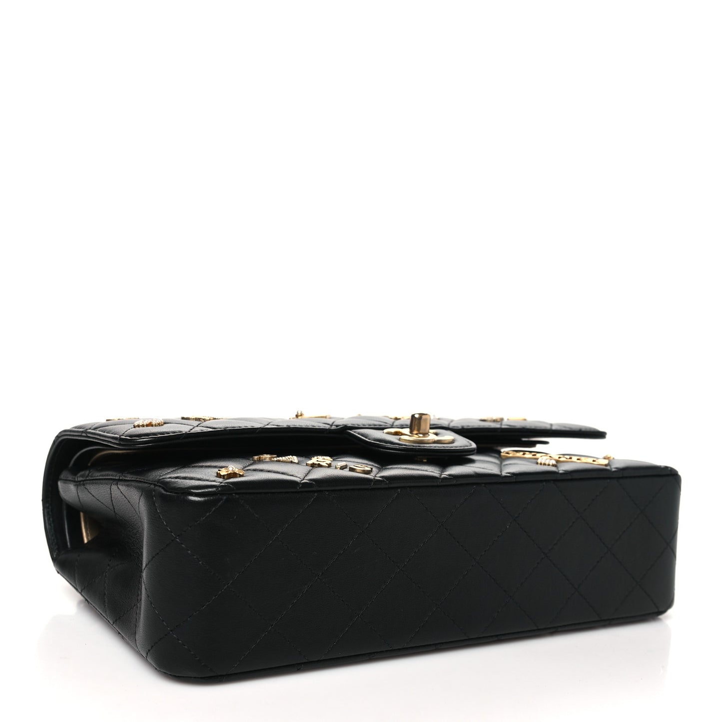 Lambskin Quilted Medium Rue Cambon Charms Double Flap Black