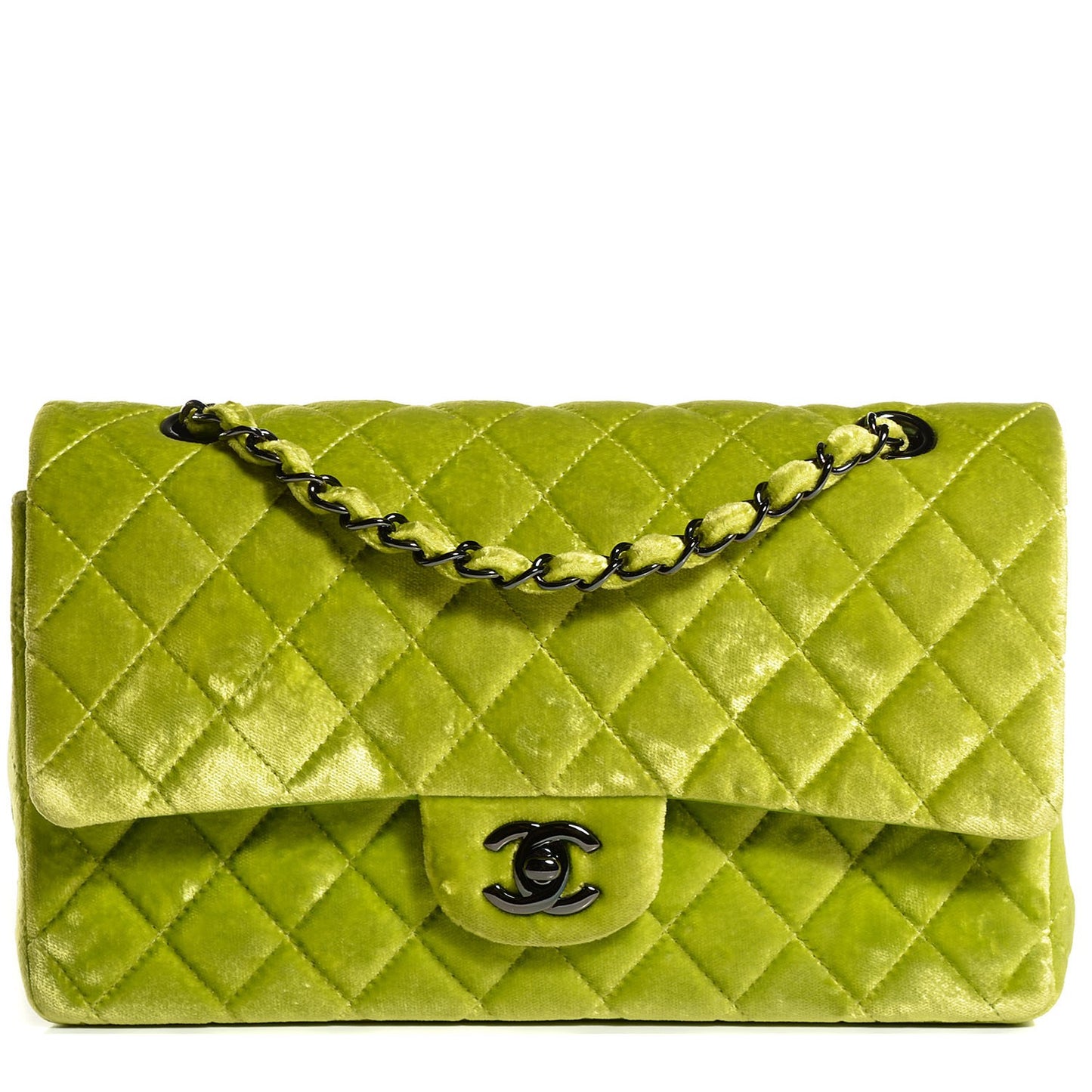 Velvet Quilted Medium Double Flap Green